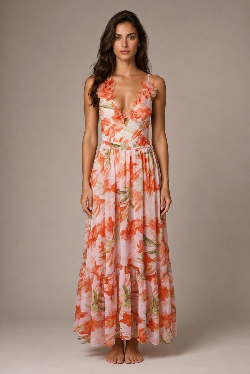 3D Flower Printed V-neck One-piece Swimsuit Mid-length Dress Set — AI-generated studio front view