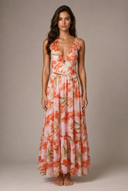 3D Flower Printed V-neck One-piece Swimsuit Mid-length Dress Set — AI-generated studio front view
