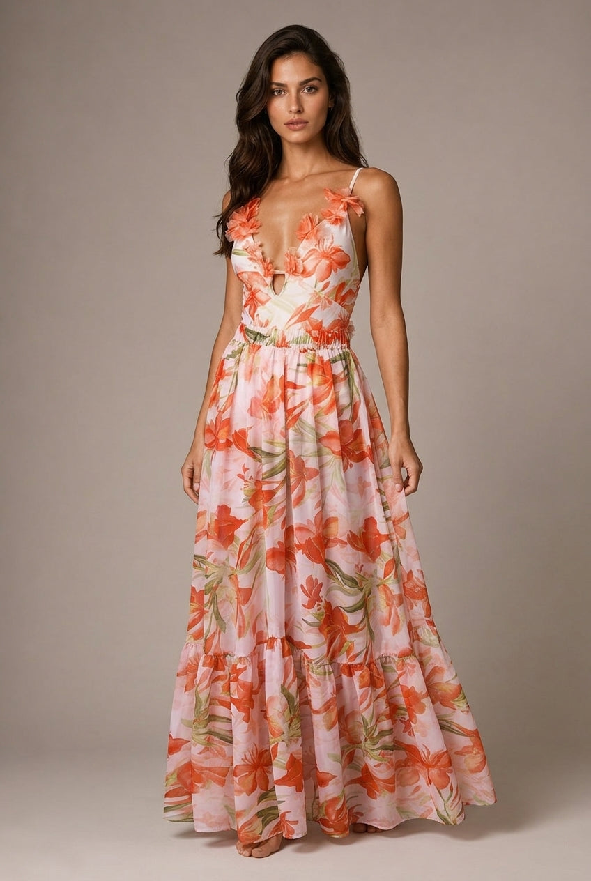 3D Flower Printed V-neck One-piece Swimsuit Mid-length Dress Set — AI-generated studio three-quarter view