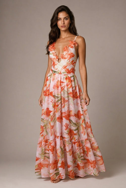 3D Flower Printed V-neck One-piece Swimsuit Mid-length Dress Set — AI-generated studio three-quarter view