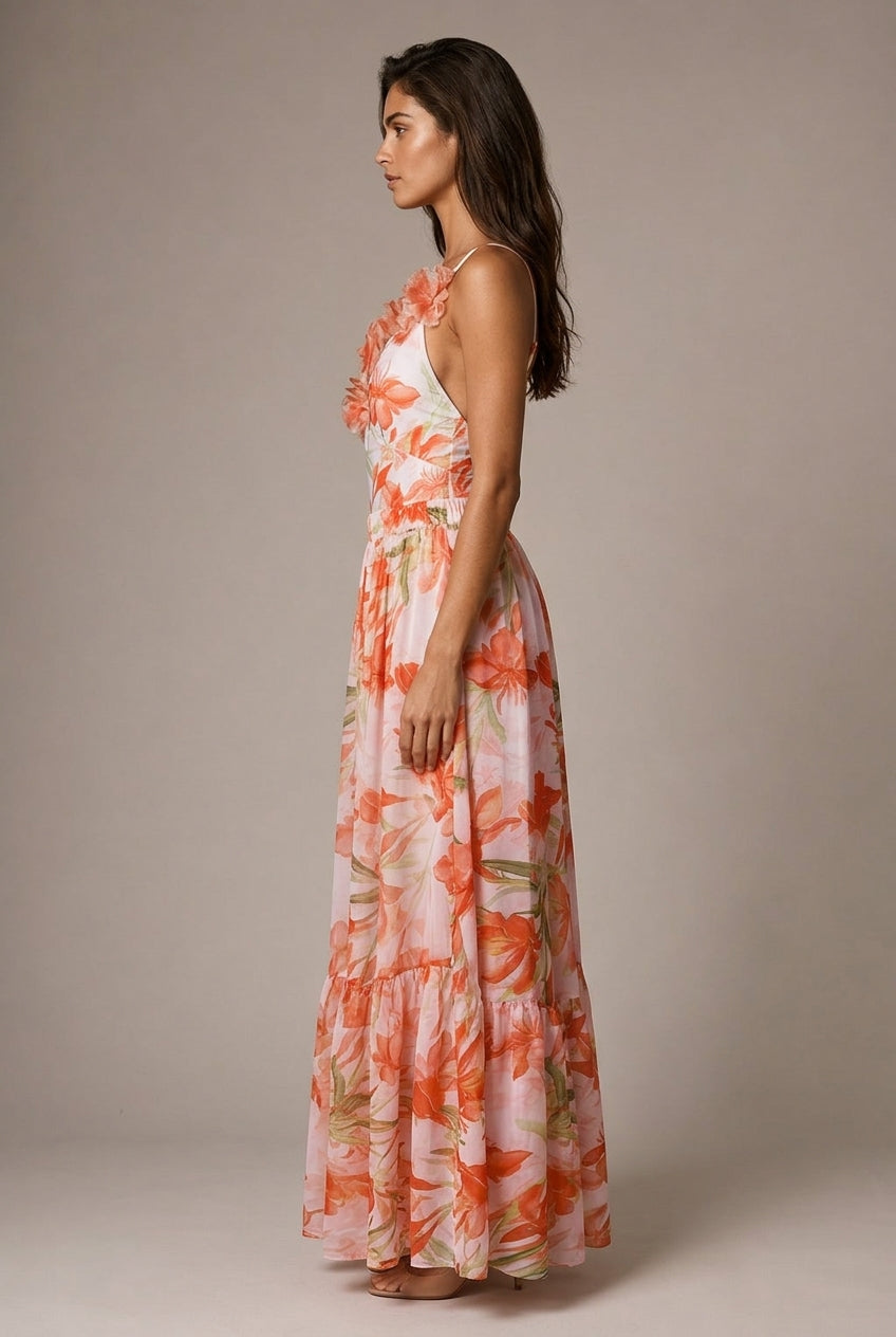3D Flower Printed V-neck One-piece Swimsuit Mid-length Dress Set — AI-generated studio right-side profile