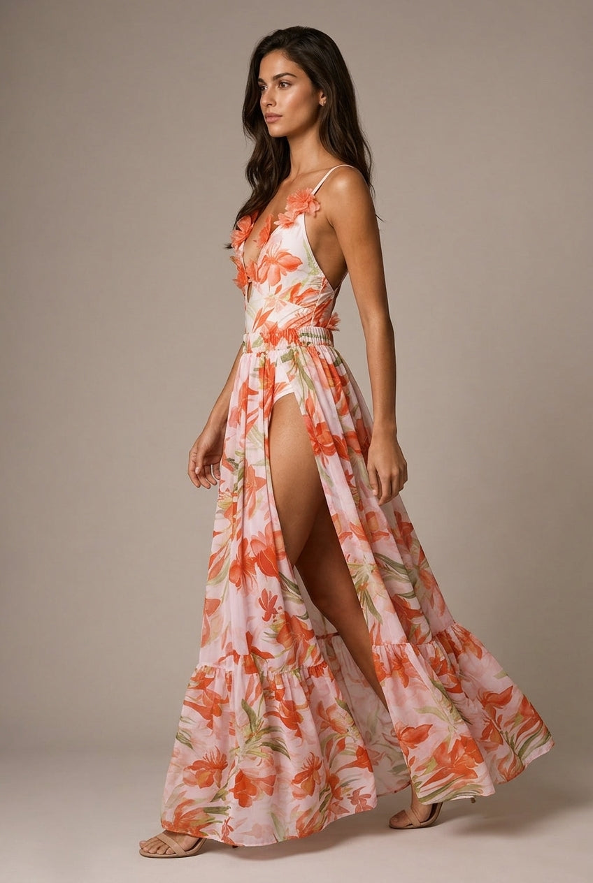3D Flower Printed V-neck One-piece Swimsuit Mid-length Dress Set — AI-generated studio left-side walking view