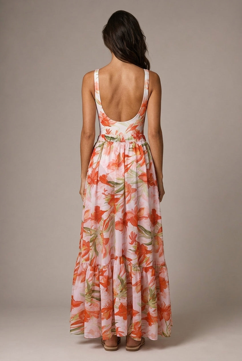 3D Flower Printed V-neck One-piece Swimsuit Mid-length Dress Set — AI-generated studio back view