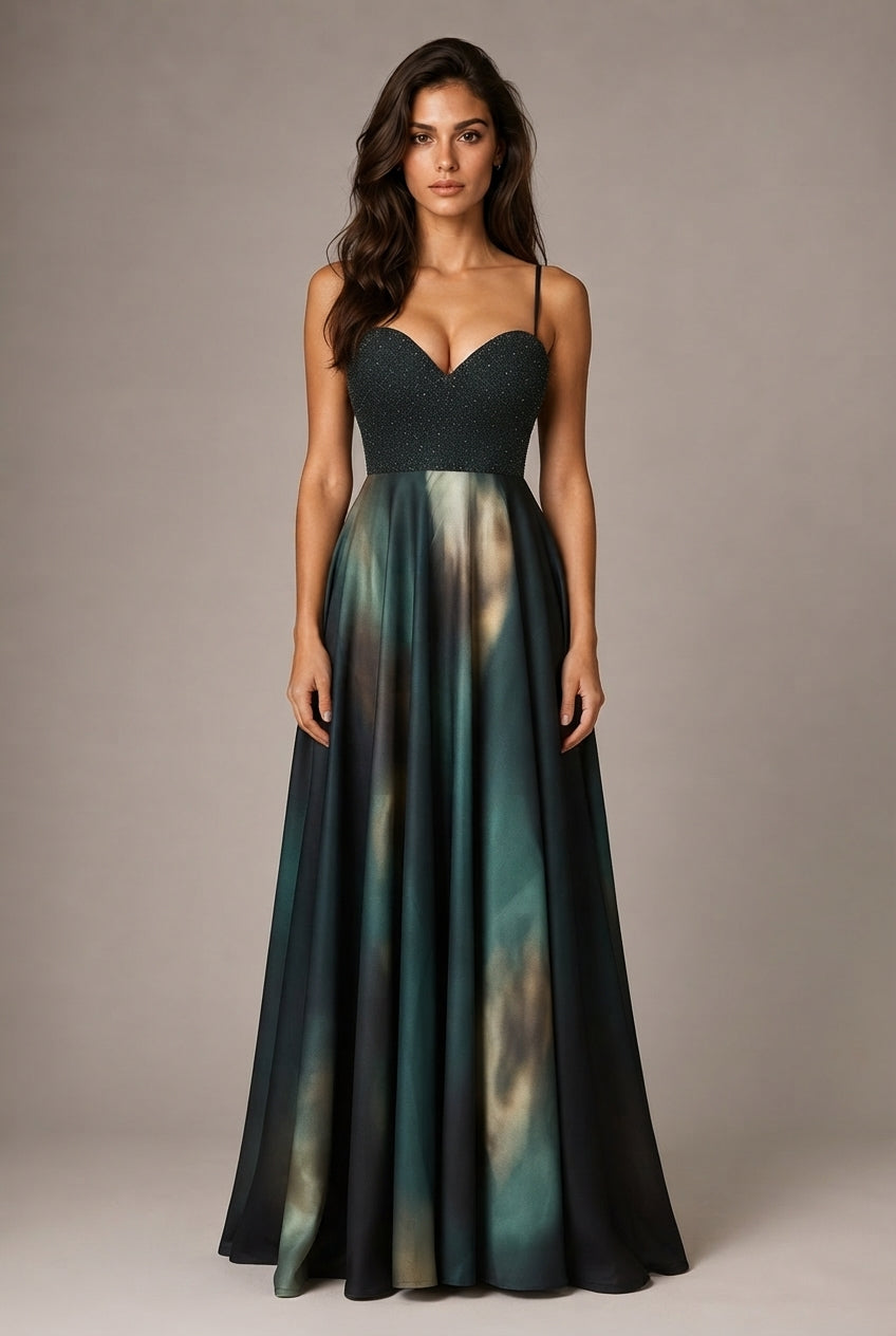 Affordable Luxury Slip Dress With A Sweetheart Neckline Cinched Waist And Ombre Satin Finish — Dark Green — AI-generated studio front view