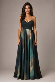 Affordable Luxury Slip Dress With A Sweetheart Neckline Cinched Waist And Ombre Satin Finish — Dark Green — AI-generated studio front view