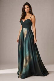 Affordable Luxury Slip Dress With A Sweetheart Neckline Cinched Waist And Ombre Satin Finish — Dark Green — AI-generated studio three-quarter view