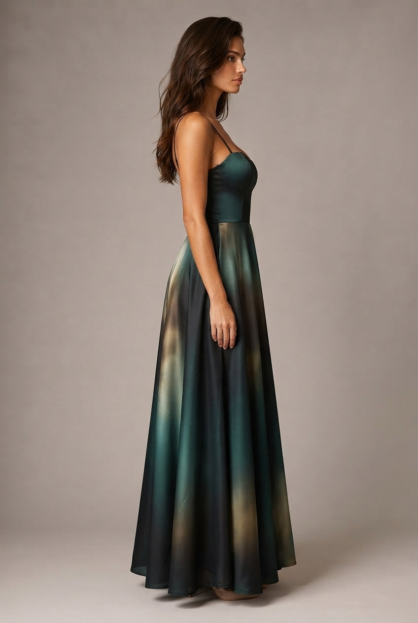 Affordable Luxury Slip Dress With A Sweetheart Neckline Cinched Waist And Ombre Satin Finish — Dark Green — AI-generated studio right-side profile