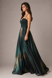 Affordable Luxury Slip Dress With A Sweetheart Neckline Cinched Waist And Ombre Satin Finish — Dark Green — AI-generated studio left-side walking view
