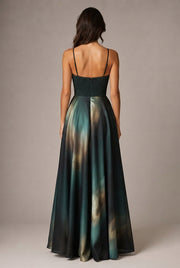 Affordable Luxury Slip Dress With A Sweetheart Neckline Cinched Waist And Ombre Satin Finish — Dark Green — AI-generated studio back view