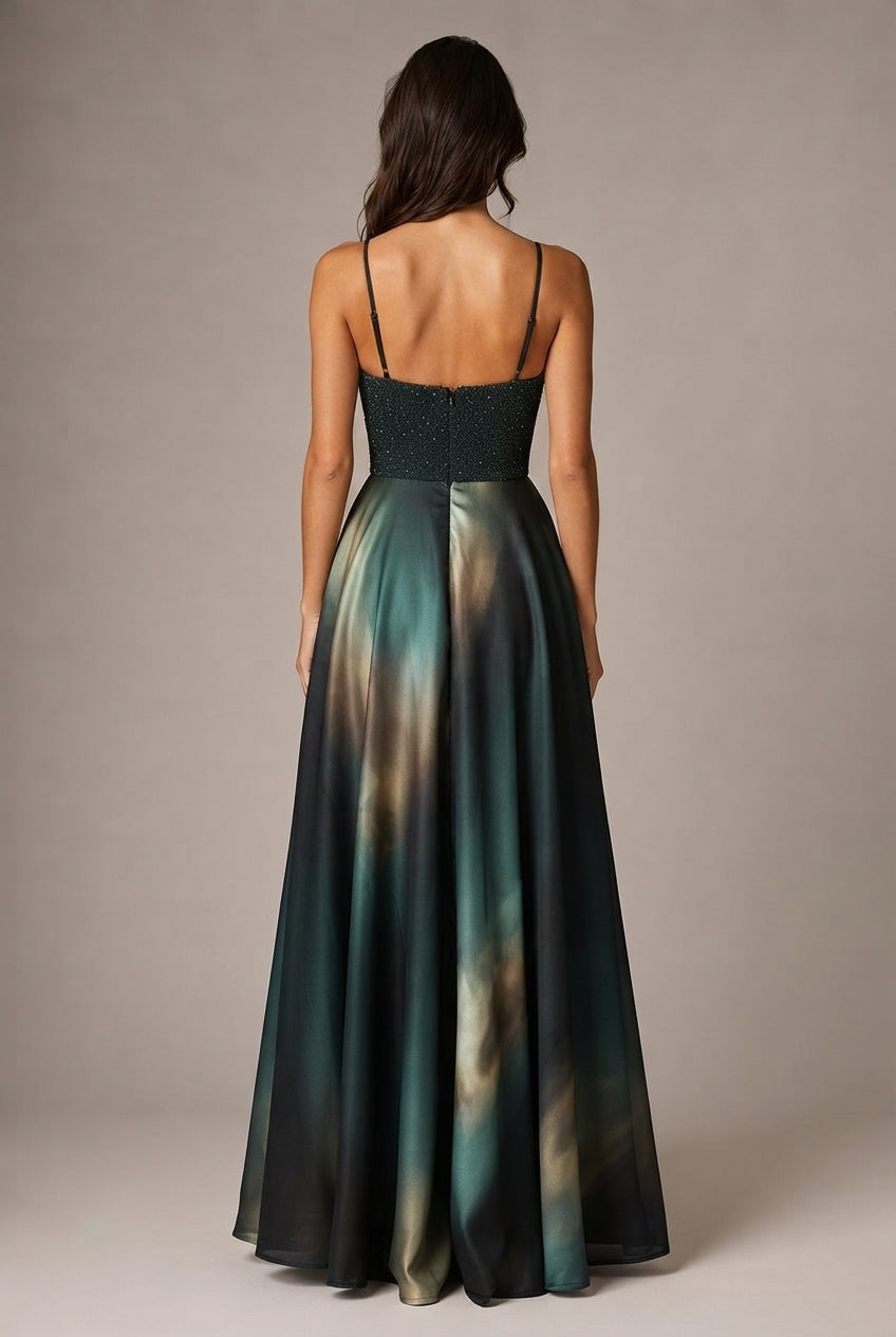 Affordable Luxury Slip Dress With A Sweetheart Neckline Cinched Waist And Ombre Satin Finish — Dark Green — AI-generated studio back view