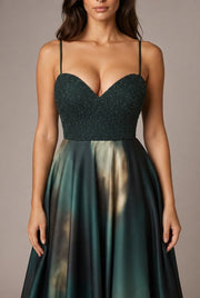 Affordable Luxury Slip Dress With A Sweetheart Neckline Cinched Waist And Ombre Satin Finish — Dark Green — AI-generated studio bodice detail