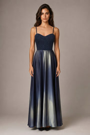 Affordable Luxury Slip Dress With A Sweetheart Neckline Cinched Waist And Ombre Satin Finish — Navy Blue — AI-generated studio front view