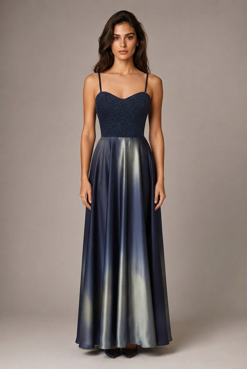 Affordable Luxury Slip Dress With A Sweetheart Neckline Cinched Waist And Ombre Satin Finish — Navy Blue — AI-generated studio front view
