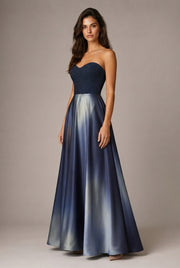 Affordable Luxury Slip Dress With A Sweetheart Neckline Cinched Waist And Ombre Satin Finish — Navy Blue — AI-generated studio three-quarter view