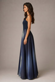 Affordable Luxury Slip Dress With A Sweetheart Neckline Cinched Waist And Ombre Satin Finish — Navy Blue — AI-generated studio right-side profile