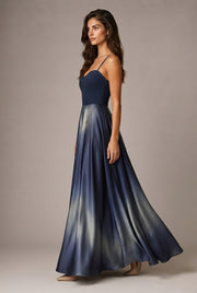 Affordable Luxury Slip Dress With A Sweetheart Neckline Cinched Waist And Ombre Satin Finish — Navy Blue — AI-generated studio left-side walking view