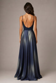 Affordable Luxury Slip Dress With A Sweetheart Neckline Cinched Waist And Ombre Satin Finish — Navy Blue — AI-generated studio back view