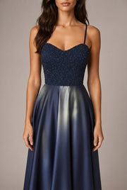 Affordable Luxury Slip Dress With A Sweetheart Neckline Cinched Waist And Ombre Satin Finish — Navy Blue — AI-generated studio bodice detail