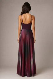 Affordable Luxury Slip Dress With A Sweetheart Neckline Cinched Waist And Ombre Satin Finish — Wine Red — AI-generated studio back view