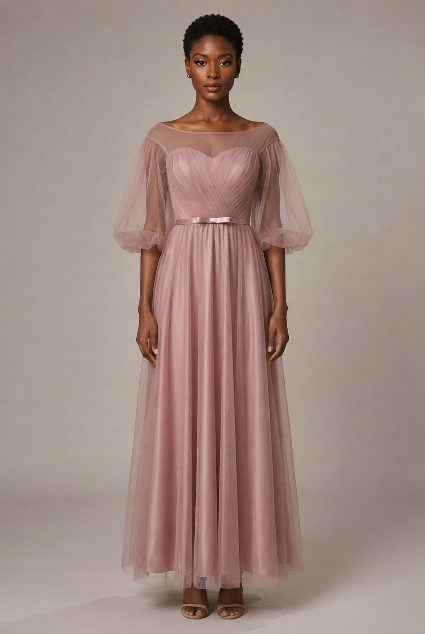 Bridesmaid Dress Long Cameo Brown Mesh Comfortable Thin Satin Bridesmaid Host Dinner Dress — E Style — AI-generated studio front view