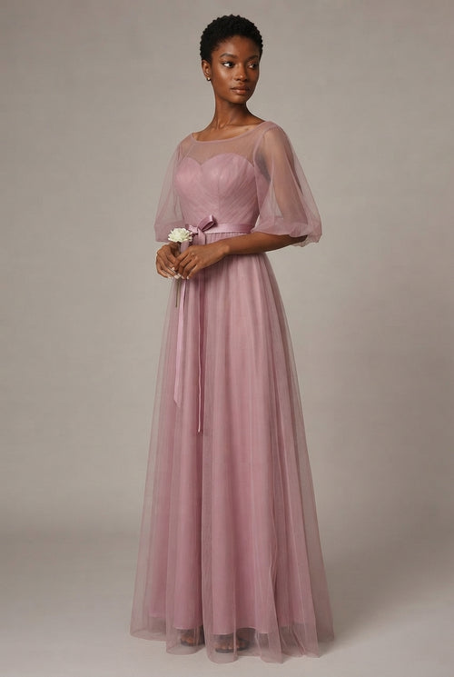 Bridesmaid Dress Long Cameo Brown Mesh Comfortable Thin Satin Bridesmaid Host Dinner Dress — E Style — AI-generated studio three-quarter view