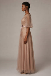 Bridesmaid Dress Long Cameo Brown Mesh Comfortable Thin Satin Bridesmaid Host Dinner Dress — E Style — AI-generated studio right-side profile