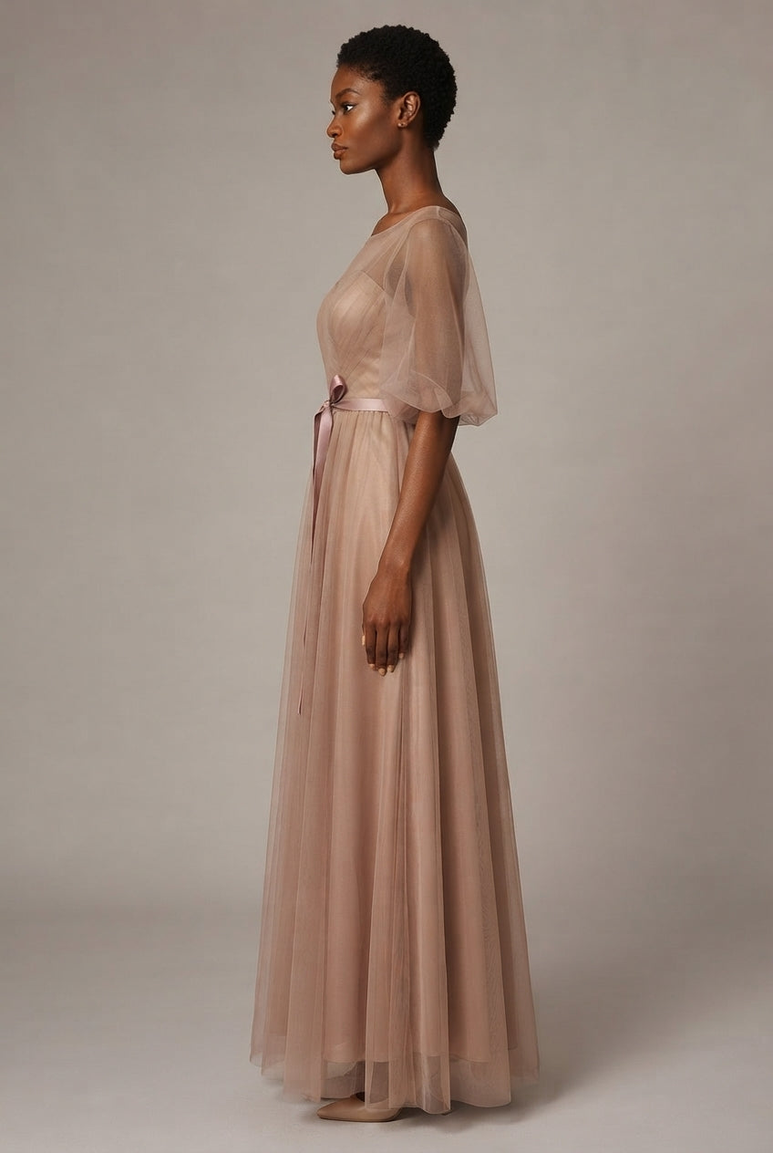 Bridesmaid Dress Long Cameo Brown Mesh Comfortable Thin Satin Bridesmaid Host Dinner Dress — E Style — AI-generated studio right-side profile
