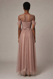 Bridesmaid Dress Long Cameo Brown Mesh Comfortable Thin Satin Bridesmaid Host Dinner Dress — E Style — AI-generated studio back view