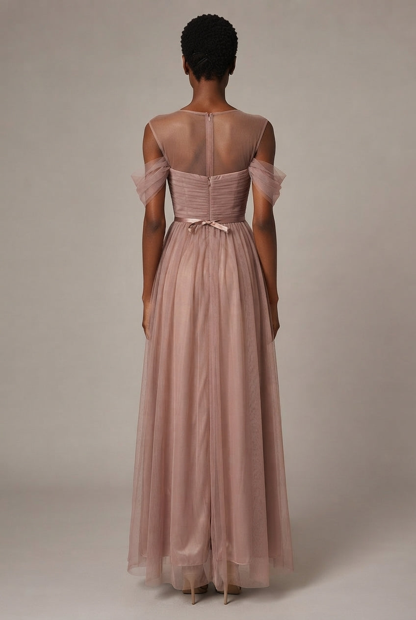 Bridesmaid Dress Long Cameo Brown Mesh Comfortable Thin Satin Bridesmaid Host Dinner Dress — E Style — AI-generated studio back view