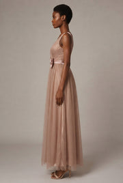 Bridesmaid Dress Long Cameo Brown Mesh Comfortable Thin Satin Bridesmaid Host Dinner Dress — Type B — AI-generated studio right-side profile