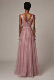 Bridesmaid Dress Long Cameo Brown Mesh Comfortable Thin Satin Bridesmaid Host Dinner Dress — Type B — AI-generated studio back view