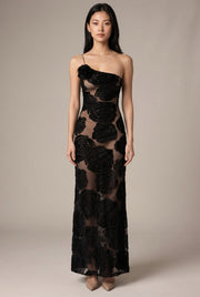Burnt Flower Sling Slant Shoulder Flower Dress Dress — Black — AI-generated studio front view