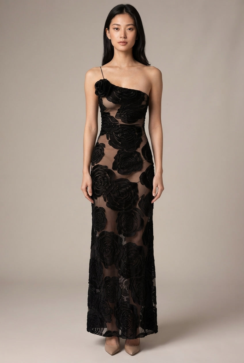 Burnt Flower Sling Slant Shoulder Flower Dress Dress — Black — AI-generated studio front view