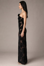 Burnt Flower Sling Slant Shoulder Flower Dress Dress — Black — AI-generated studio right-side profile