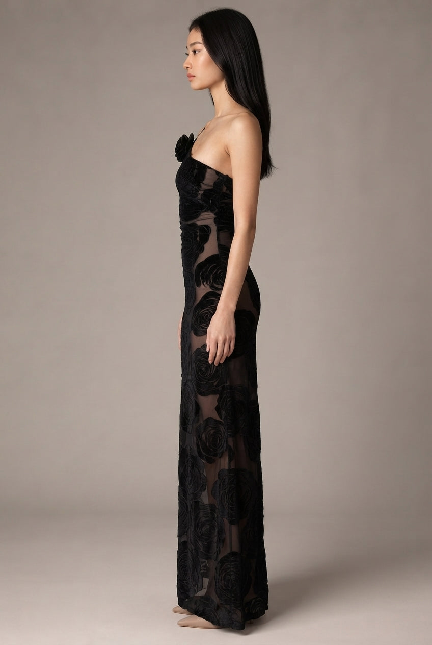Burnt Flower Sling Slant Shoulder Flower Dress Dress — Black — AI-generated studio right-side profile