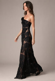 Burnt Flower Sling Slant Shoulder Flower Dress Dress — Black — AI-generated studio left-side walking view