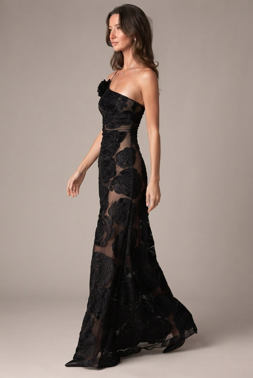 Burnt Flower Sling Slant Shoulder Flower Dress Dress — Black — AI-generated studio left-side walking view