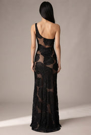 Burnt Flower Sling Slant Shoulder Flower Dress Dress — Black — AI-generated studio back view