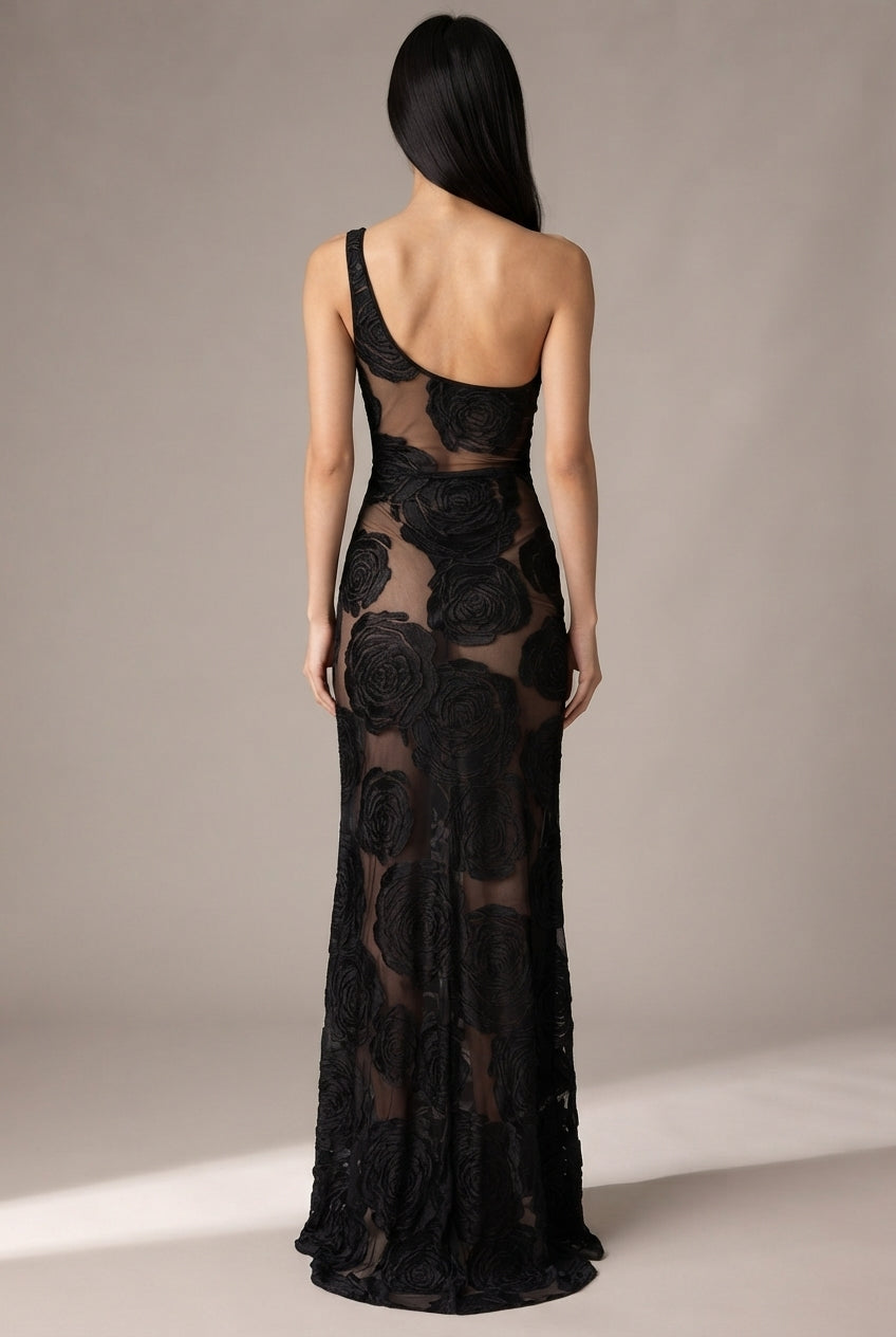 Burnt Flower Sling Slant Shoulder Flower Dress Dress — Black — AI-generated studio back view