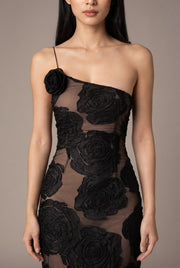 Burnt Flower Sling Slant Shoulder Flower Dress Dress — Black — AI-generated studio bodice detail