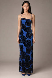 Burnt Flower Sling Slant Shoulder Flower Dress Dress — Blue — AI-generated studio front view