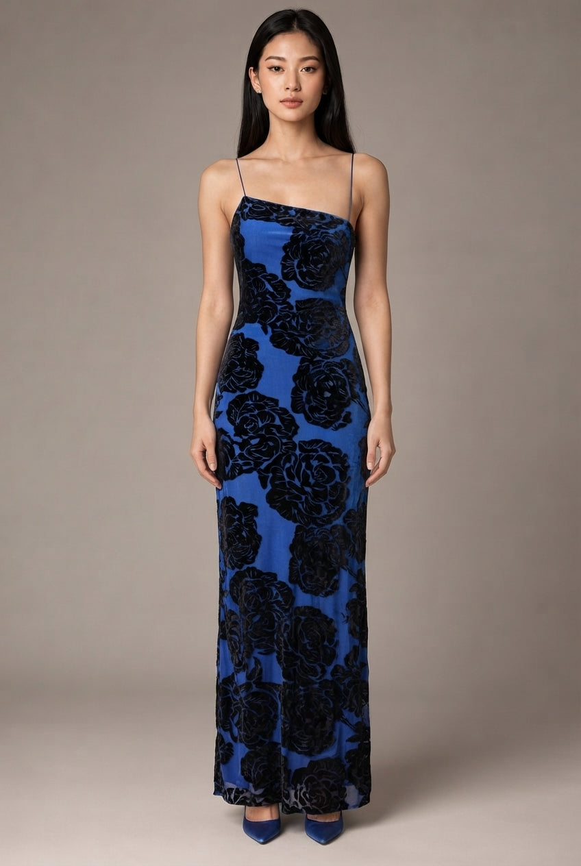 Burnt Flower Sling Slant Shoulder Flower Dress Dress — Blue — AI-generated studio front view