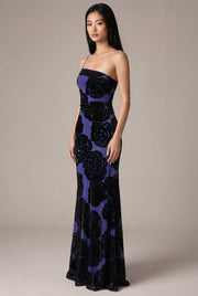 Burnt Flower Sling Slant Shoulder Flower Dress Dress — Blue — AI-generated studio three-quarter view