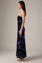 Burnt Flower Sling Slant Shoulder Flower Dress Dress — Blue — AI-generated studio right-side profile