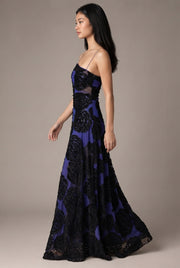 Burnt Flower Sling Slant Shoulder Flower Dress Dress — Blue — AI-generated studio left-side walking view