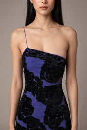 Burnt Flower Sling Slant Shoulder Flower Dress Dress — Blue — AI-generated studio bodice detail