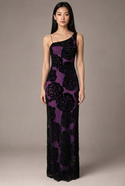 Burnt Flower Sling Slant Shoulder Flower Dress Dress — Purple — AI-generated studio front view