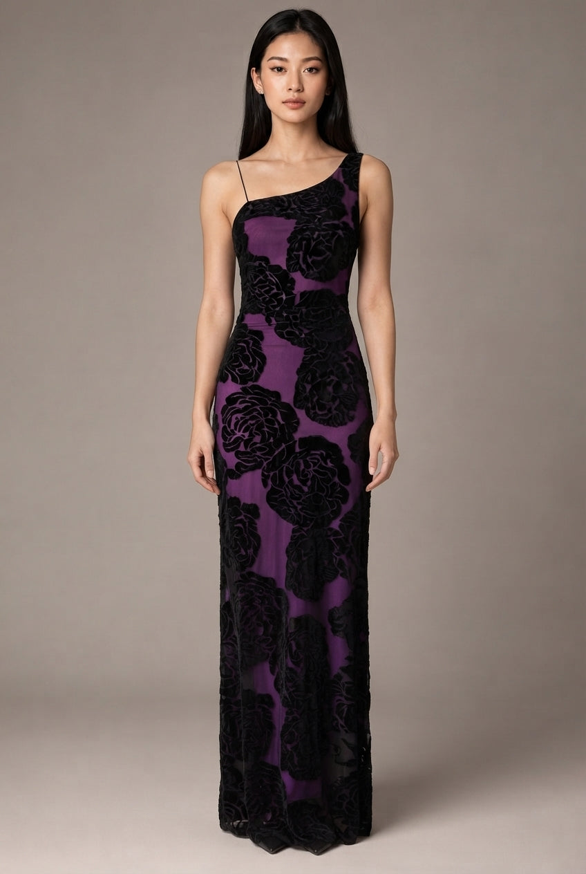 Burnt Flower Sling Slant Shoulder Flower Dress Dress — Purple — AI-generated studio front view