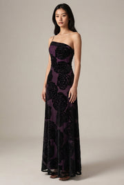 Burnt Flower Sling Slant Shoulder Flower Dress Dress — Purple — AI-generated studio three-quarter view