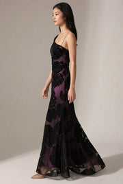 Burnt Flower Sling Slant Shoulder Flower Dress Dress — Purple — AI-generated studio left-side walking view